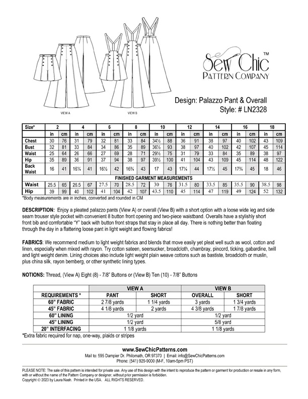 Sew Chic LN2328 Palazzo Pant, Overall & Short