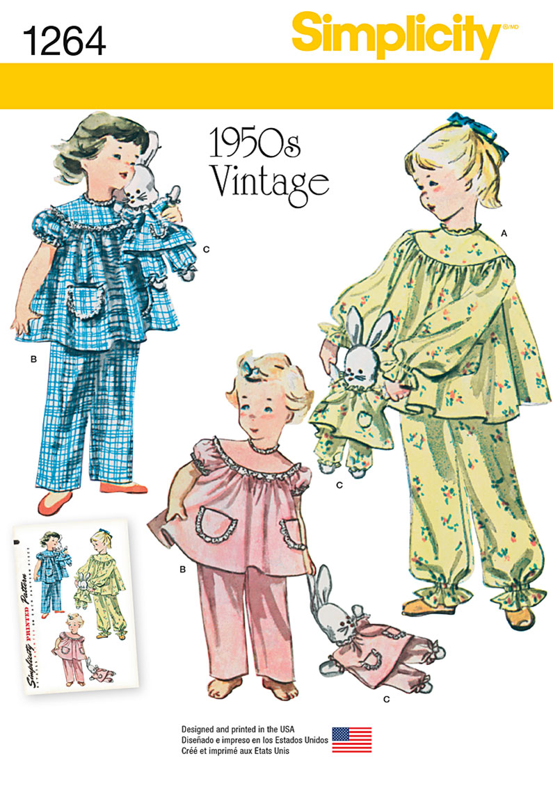 Uncut Simplicity Pattern 0474-1950’s Vintage Pajamas and Stuffed Bunny with Matching Pajamas Kleding Meisjeskleding Pyjamas & Badjassen Pyjama Sets 