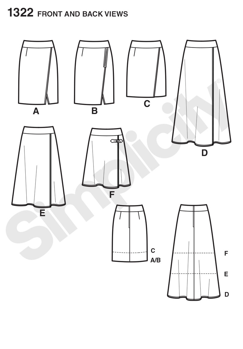 Simplicity 1322 Misses' Mock Wrap Slim & Flared Skirts