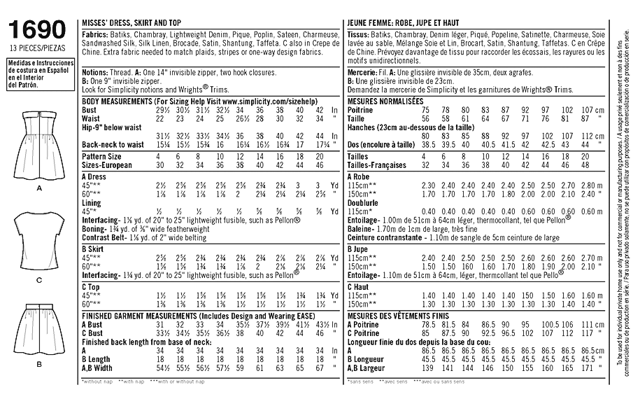 Simplicity Sewing Patterns Size Chart