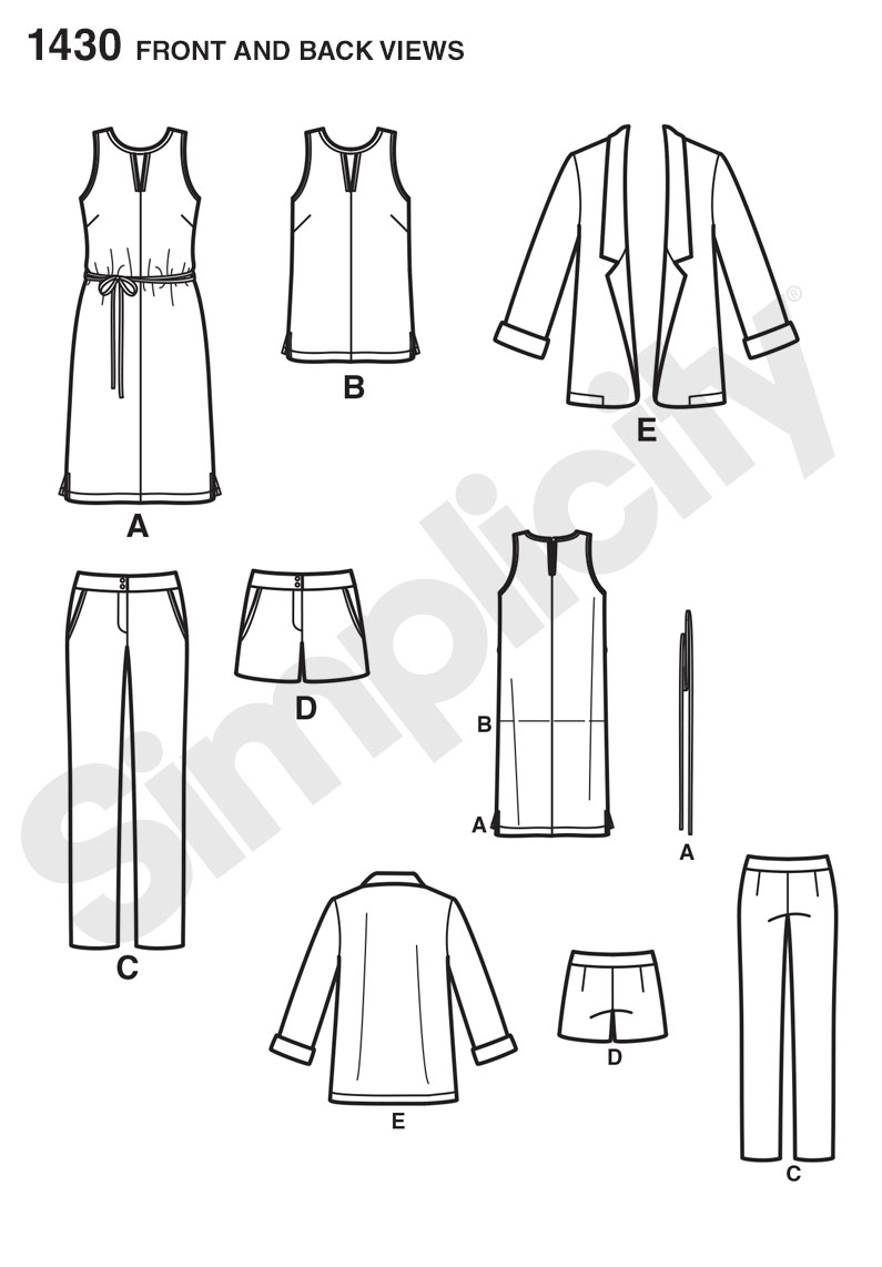 Simplicity 1430 Misses' Slim Pants, Shorts, Dress or Top and Jacket