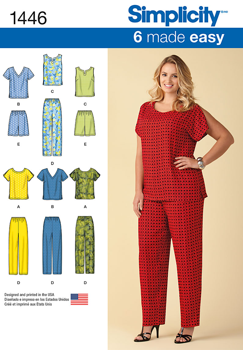 Simplicity 1446 Six Made Easy Pull on Tops and Pants or Shorts for Plus Size