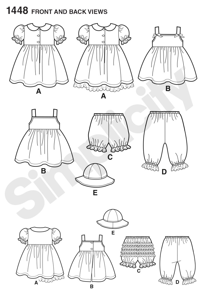 Simplicity 1448 Babies' Dress, Pinafore, Panties, Pantaloons and Hats