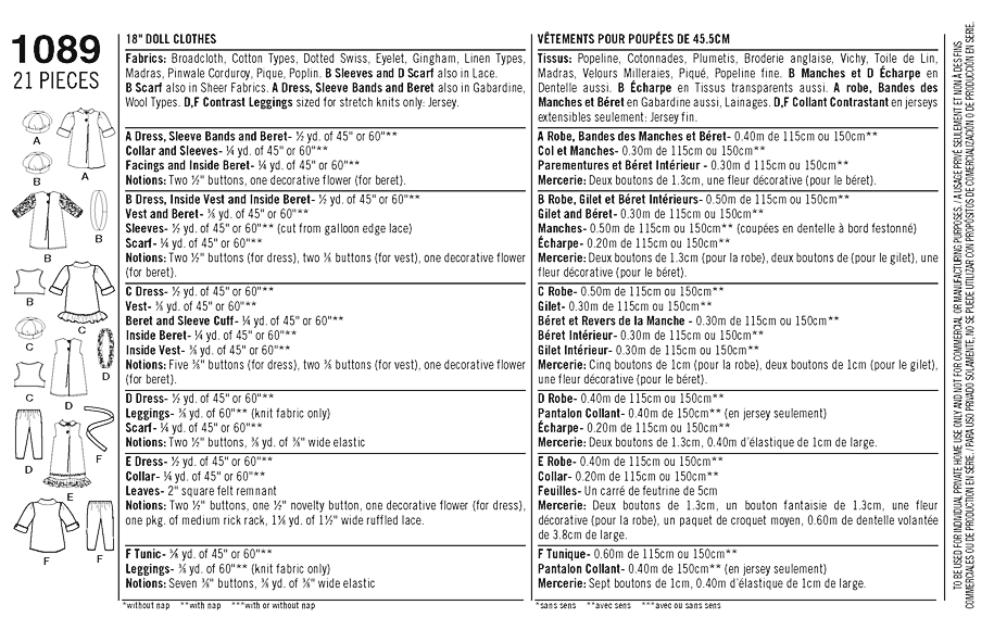 Simplicity 1089 Doll Clothes for 18
