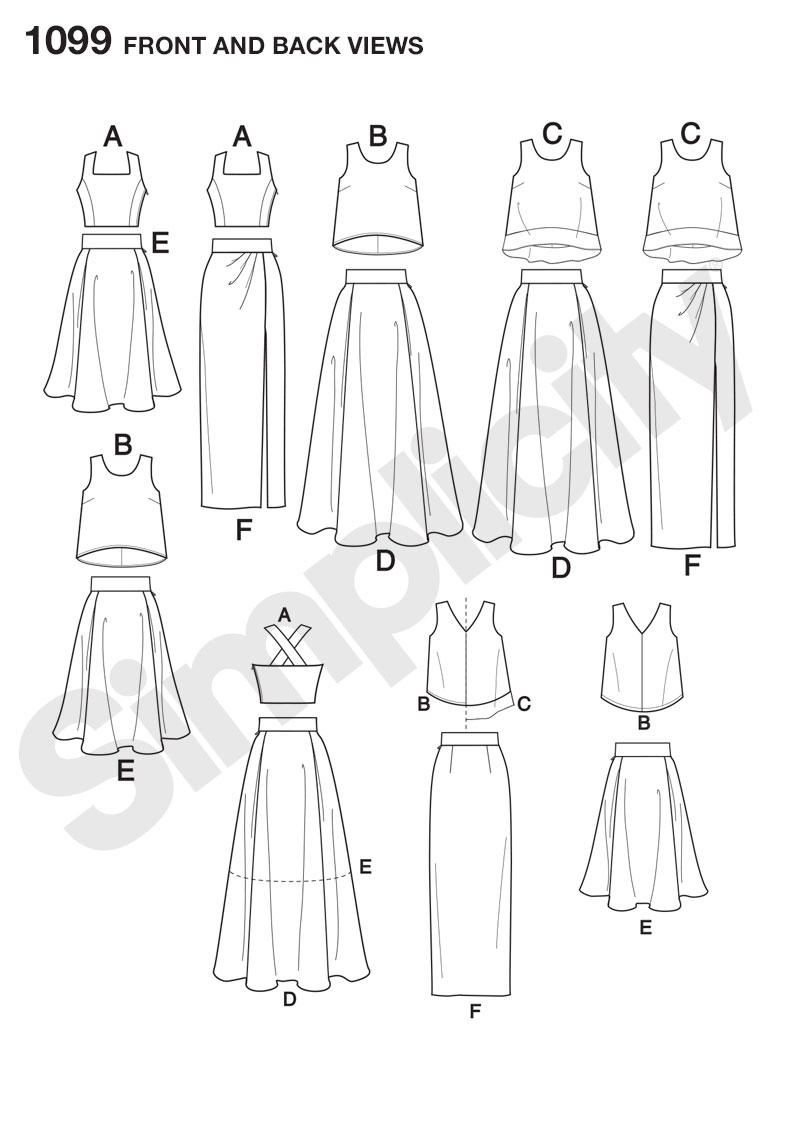 Simplicity 1099 Misses' Full Skirts, Slim Skirt and Tops