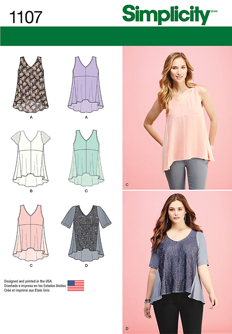 Simplicity 1107 Misses' Tops with Fabric Variations