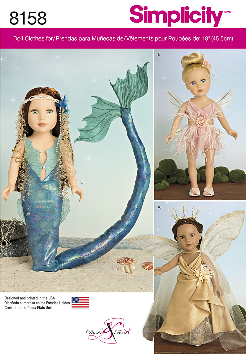 New Simplicity 8158 Pattern Mermaid Fairy and Pixie Patterns for 18 Inch  Size Doll Cusom OOAK Thesupplyloft1 