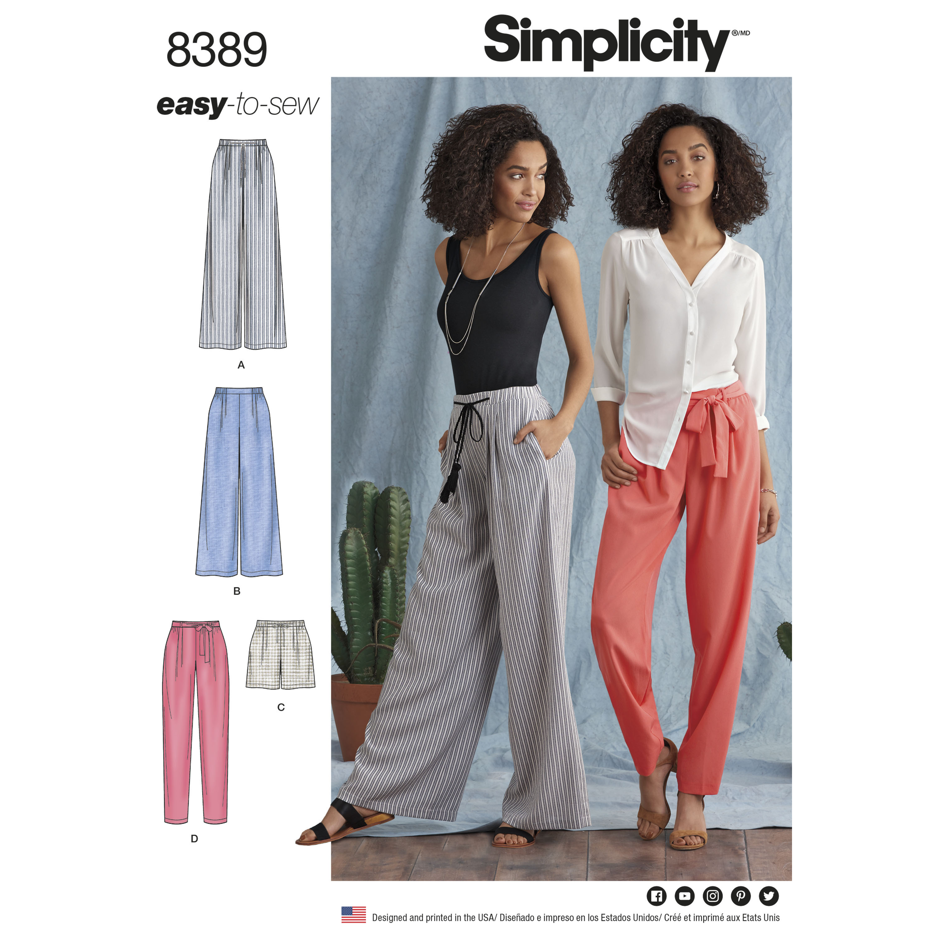 Simplicity 8389 Misses' Pants with Length and Width Variations and Tie Belt