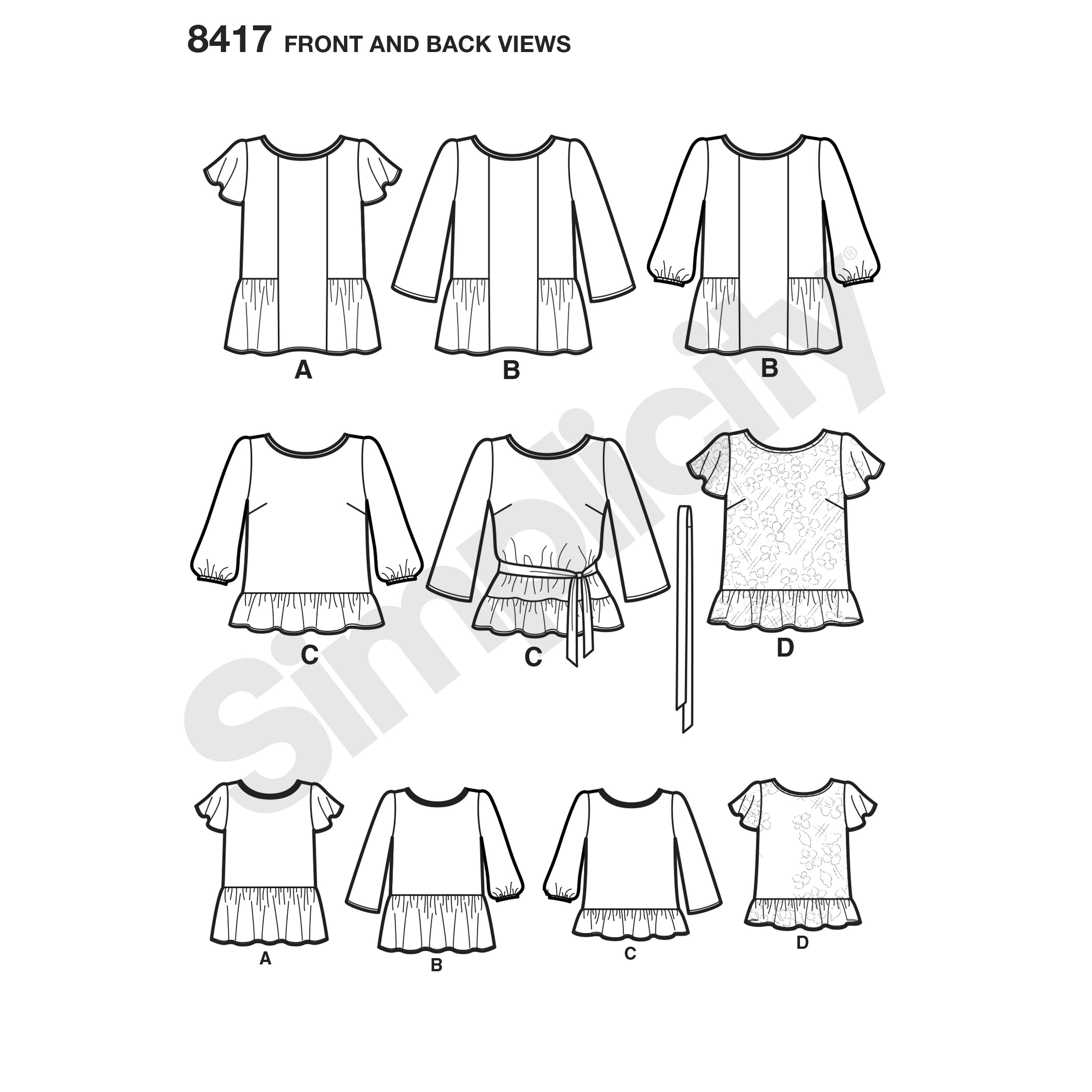 Simplicity 8417 Pullover Tops with Sleeve and Fabric Variations