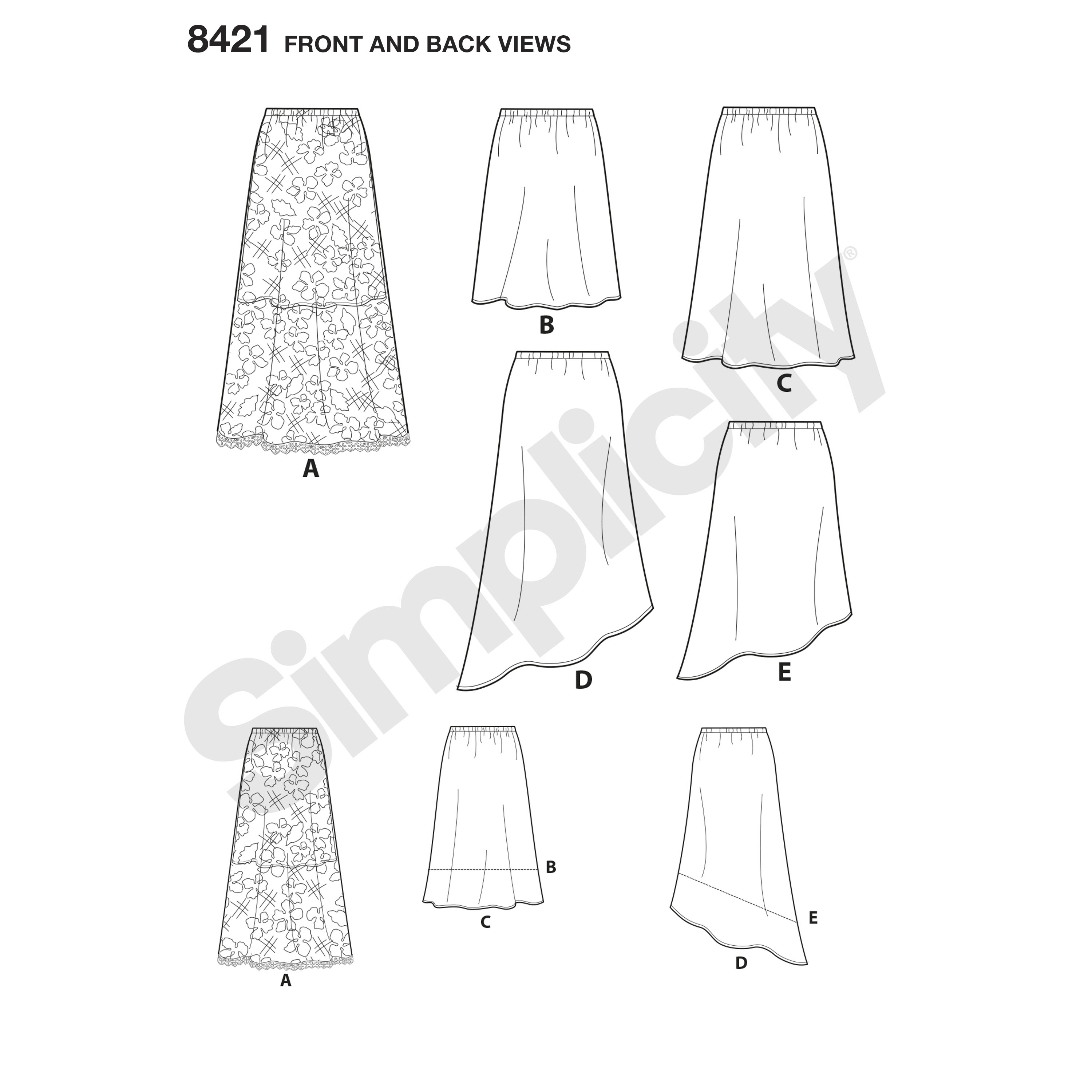 Simplicity 8421 Misses' Skirts in Three lengths with Hem Variations