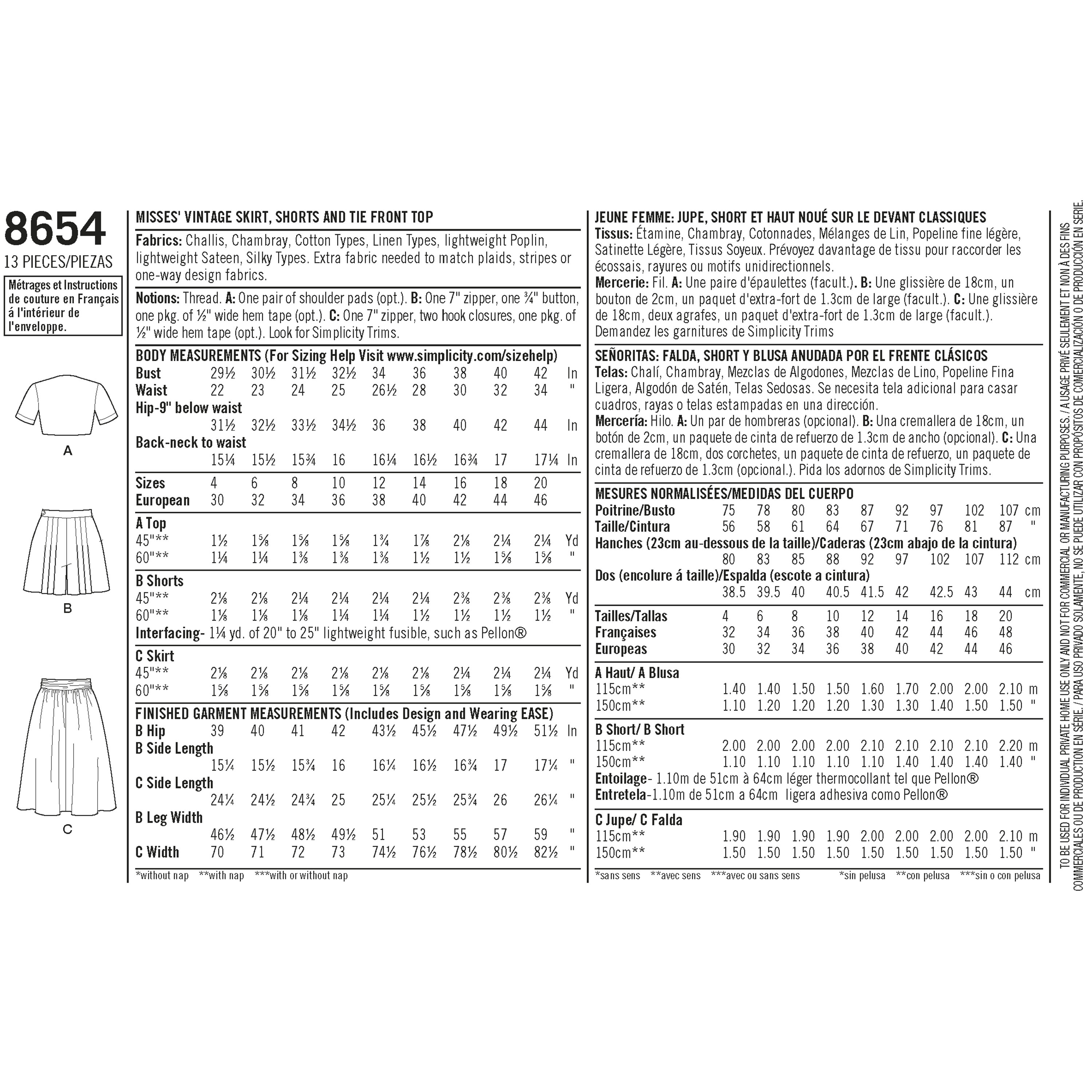 Simplicity 8654 Misses' Vintage Skirt, Shorts and Tie Top