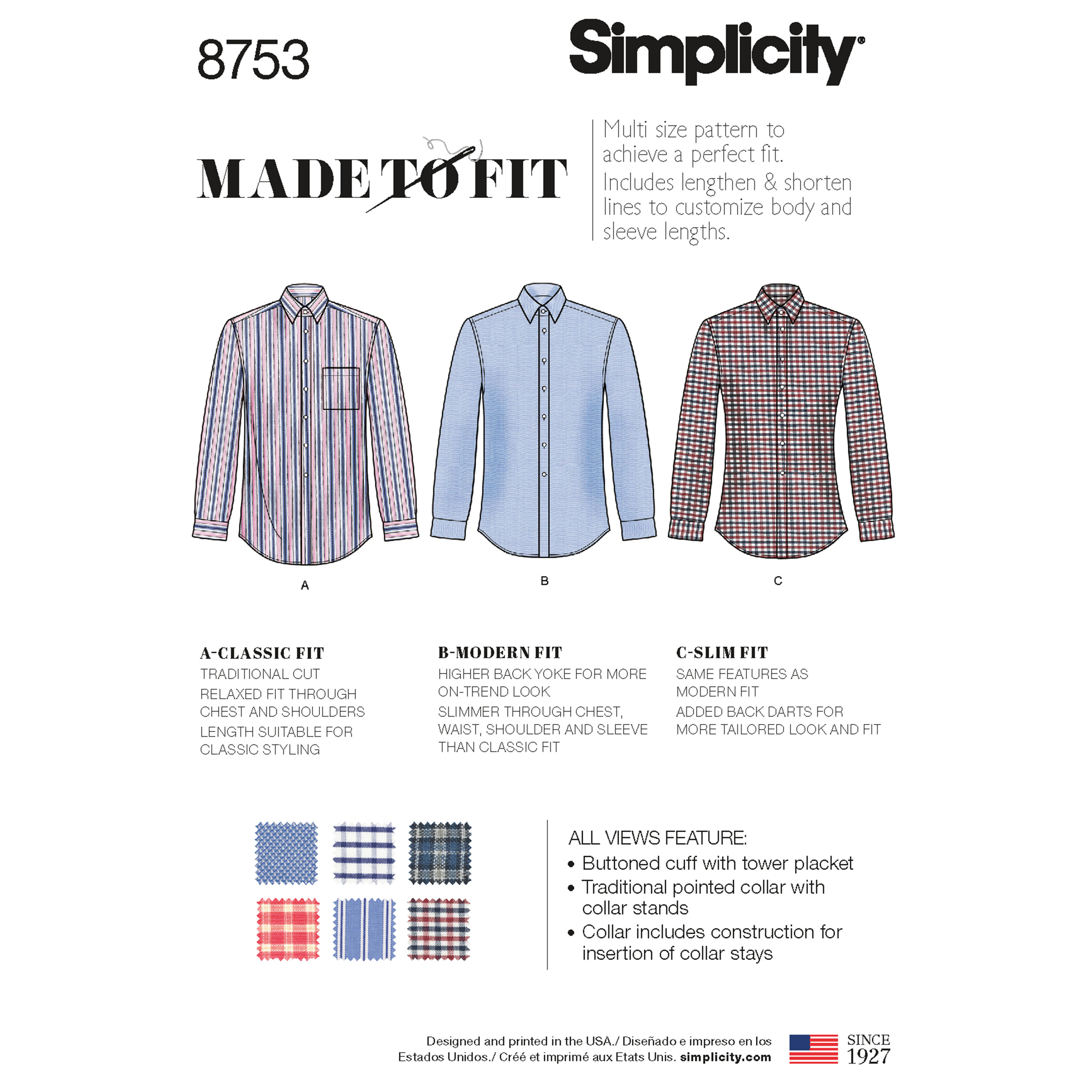 Simplicity 8753 Men's Classic, Modern and Slim-Fit Shirt