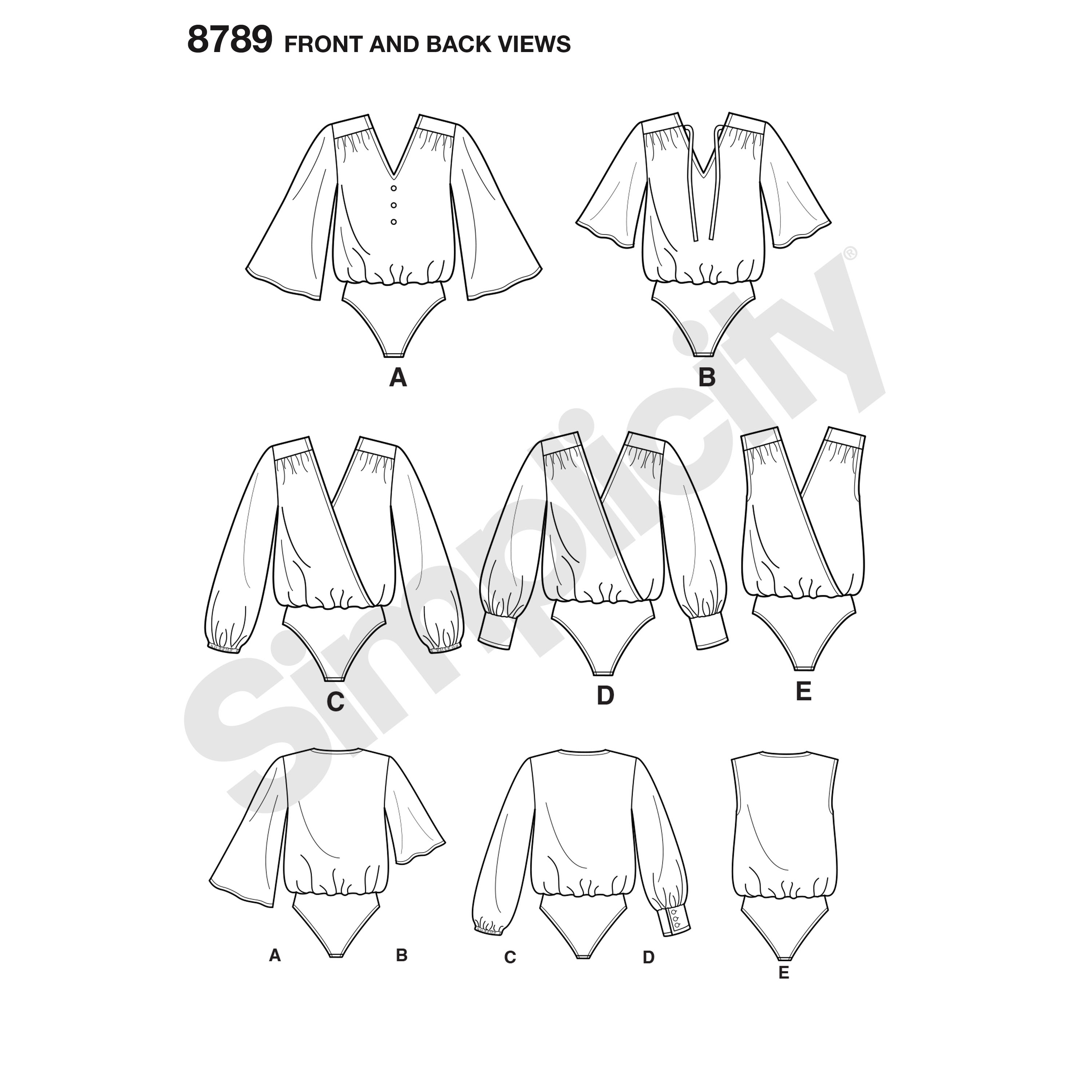 Simplicity Pattern 8789  Misses/' Bodysuit Blouses in Sizes Xsmall-Small-Medium-Large-Xlarge