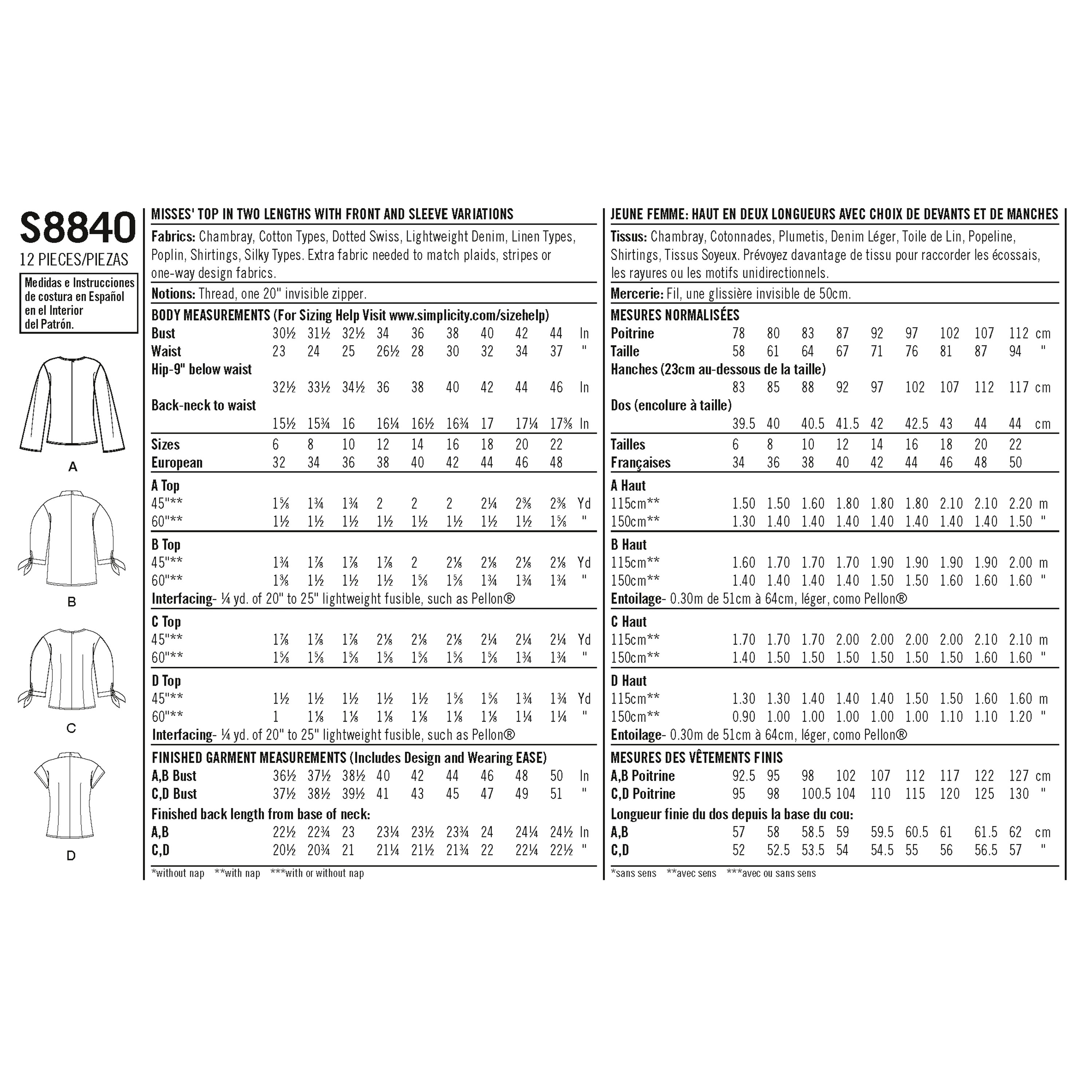 Simplicity 8840 Misses' Top with Length, Front, and Sleeve