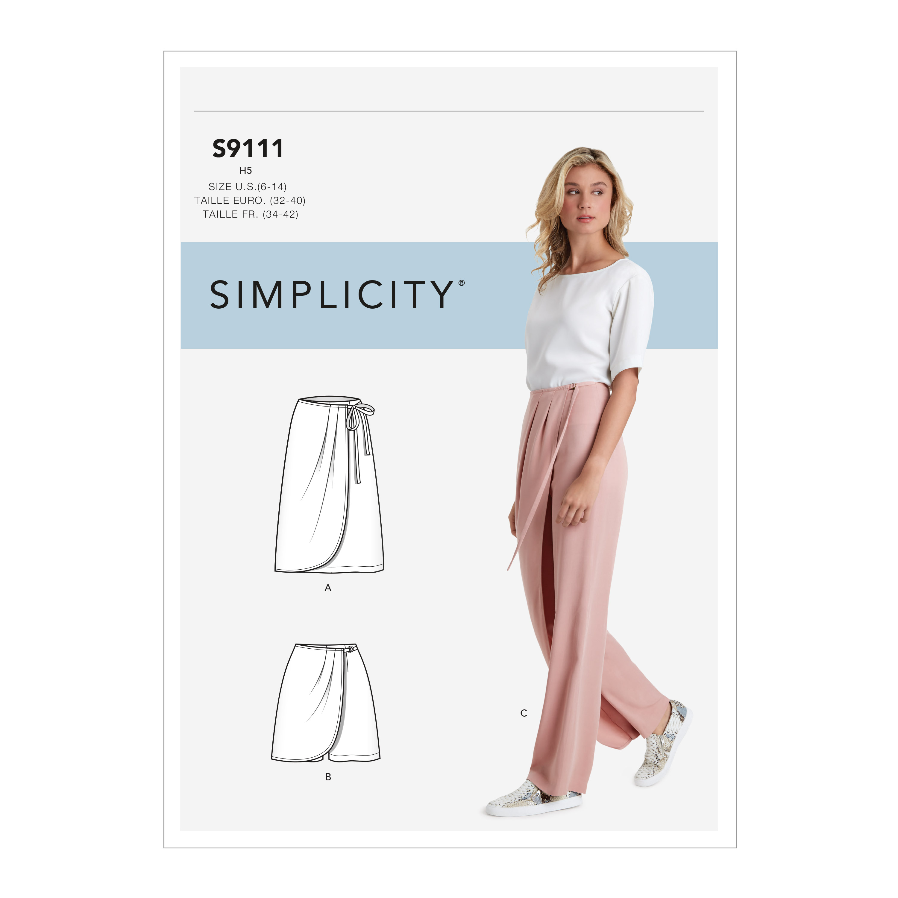 Simplicity 9111 Misses' Faux Wrap Pants, Skirt & Shorts