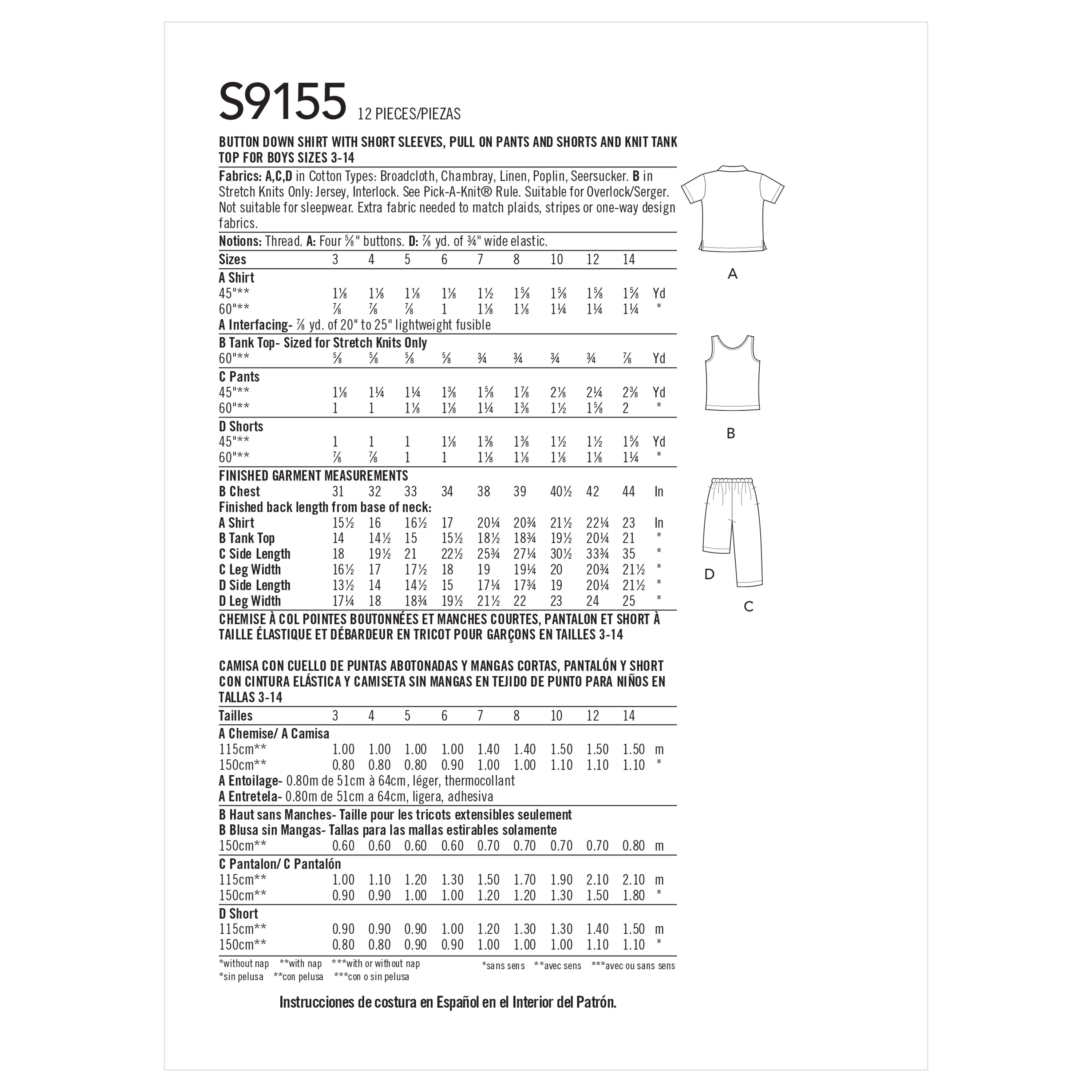 新作からSALEアイテム等お得な商品満載 Boys' 9155 Simplicity Tops Pants & 裁縫材料