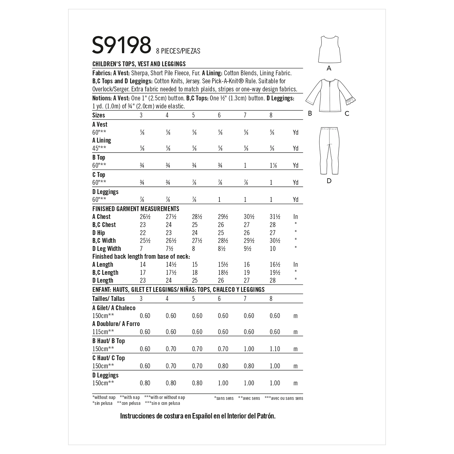 Simplicity 9198 Children's Tops, Vest & Leggings