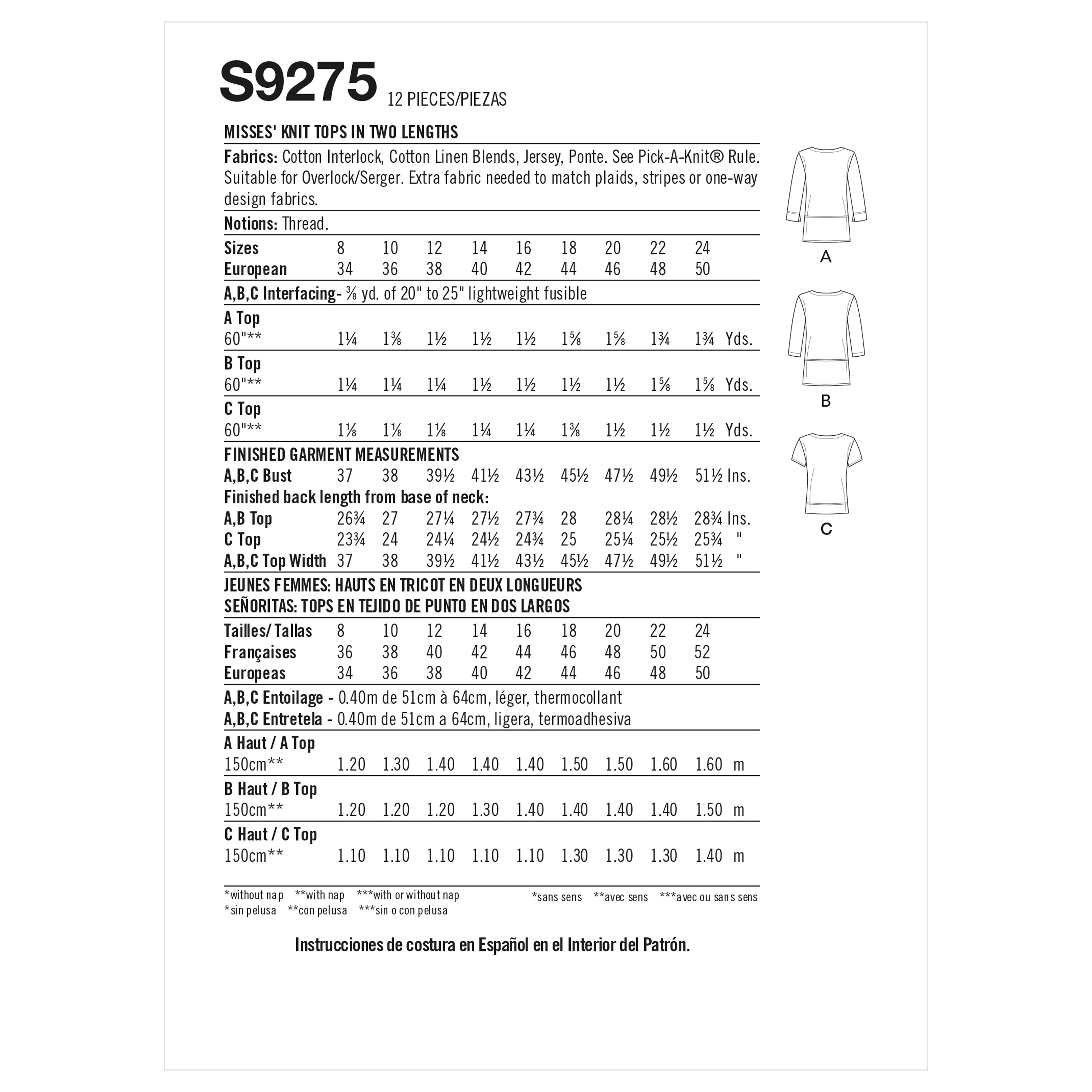 Simplicity 9275 Misses' Knit Tops In Two Lengths