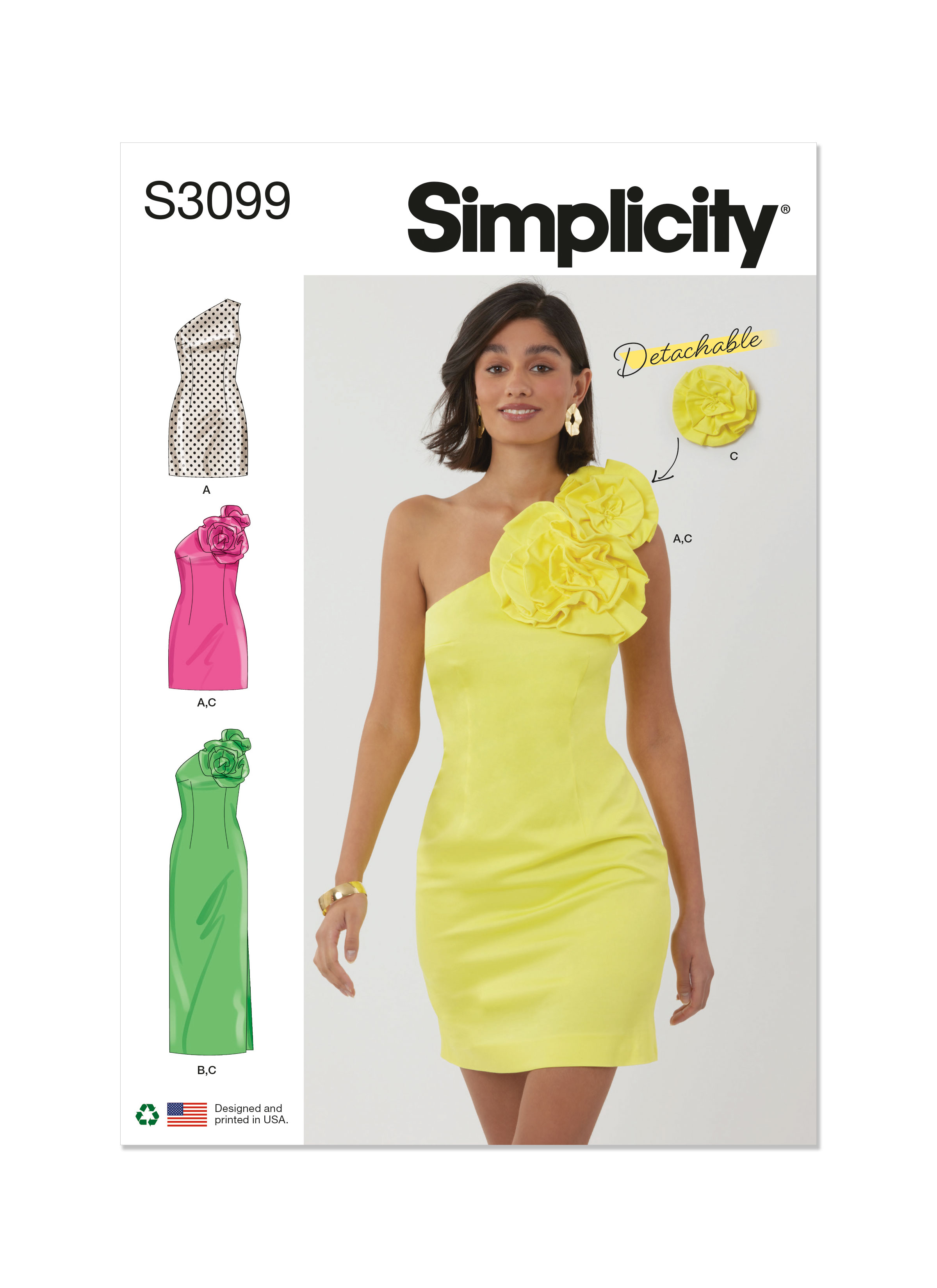 simplicity bodycon dress pattern 3099 Misses and Miss Petite in Two Lengths with Detachable 3D Flowers Collection: SEPHORA Size:32E Classic Green One-Shoulder Mermaid