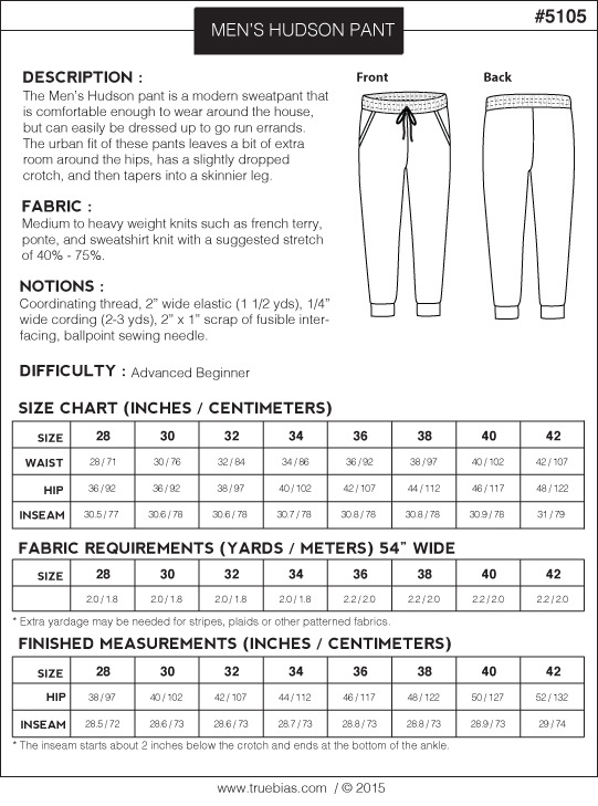 True Bias 5105 Mens Hudson Pants Downloadable Pattern