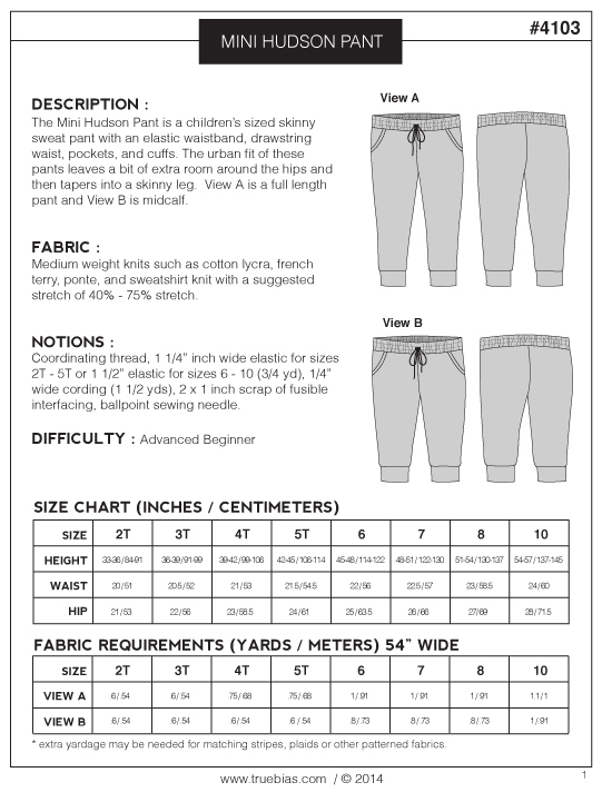 True Bias 4103 Mini Hudson Pants Downloadable Pattern