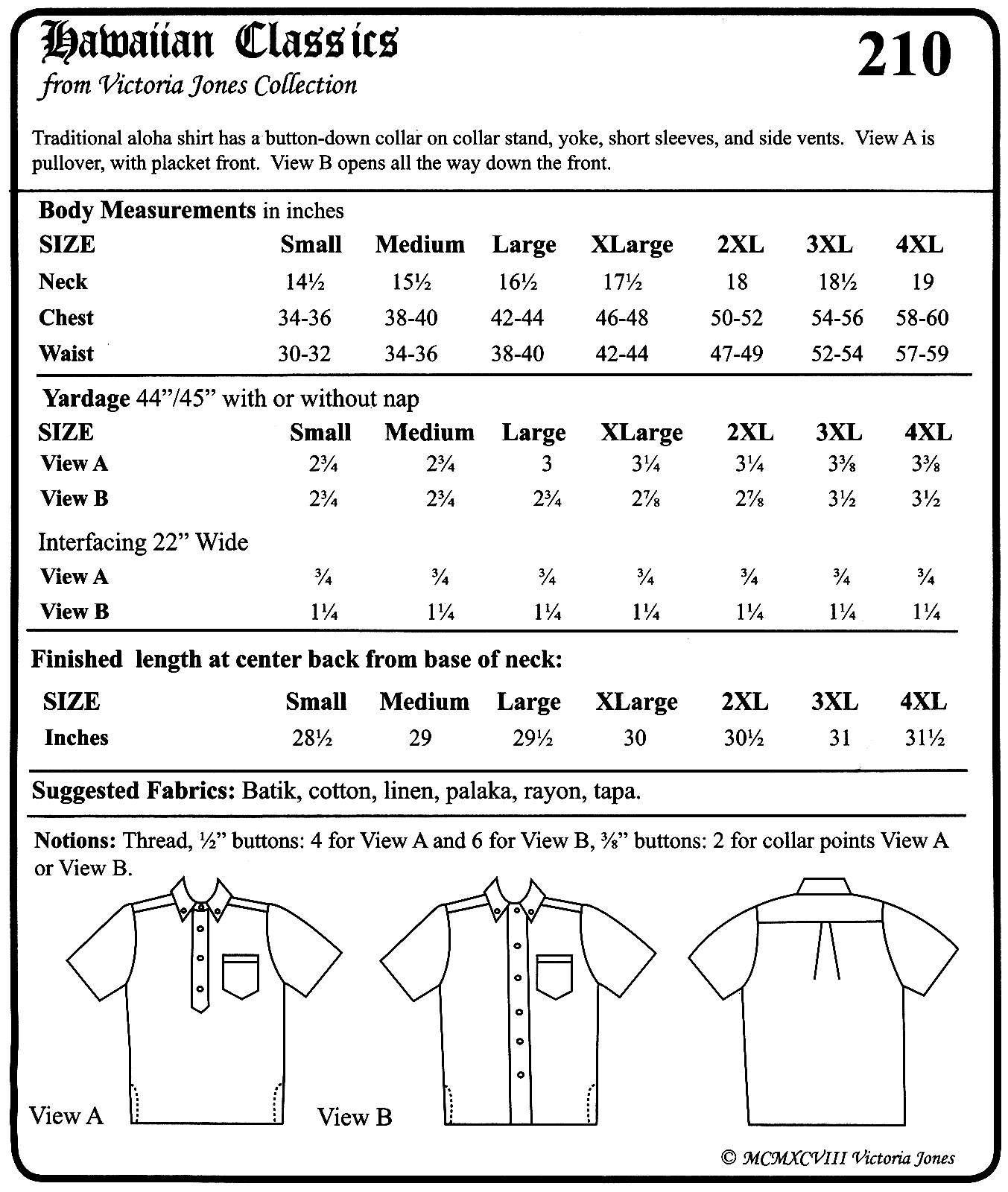 Men's Classic Hawaiian Aloha Shirt Sewing Pattern #220