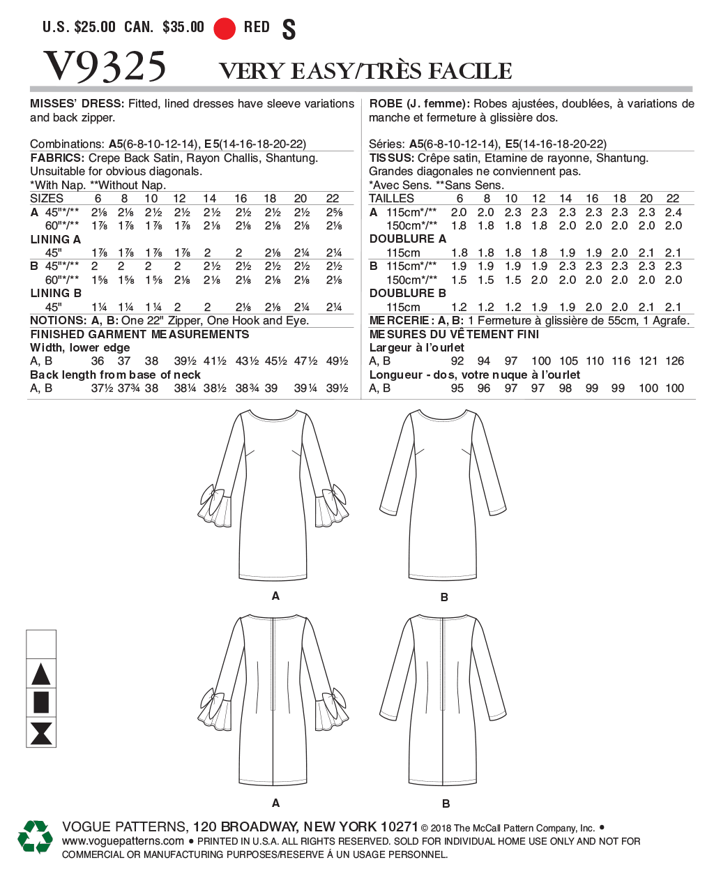 Vogue Patterns 9325 MISSES' DRESS