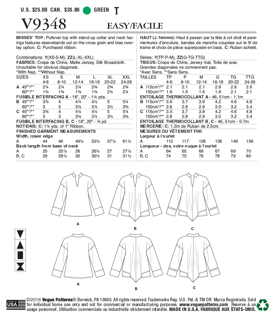 Vogue Patterns 9348 MISSES' TOP