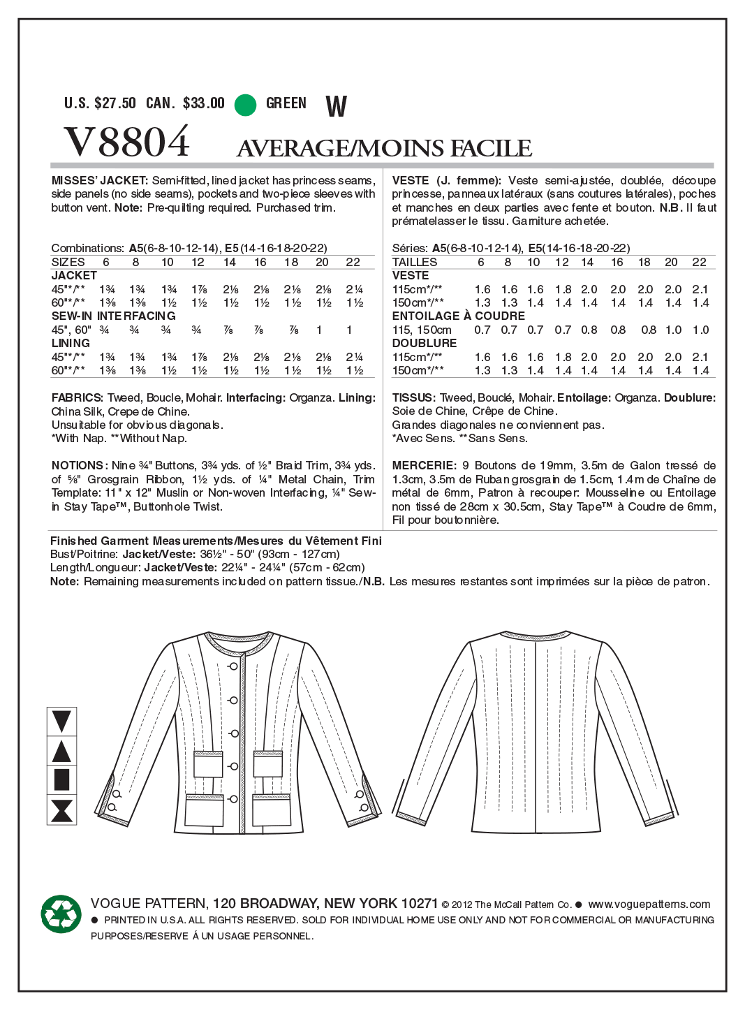 Vogue Patterns 8804 Misses Jacket