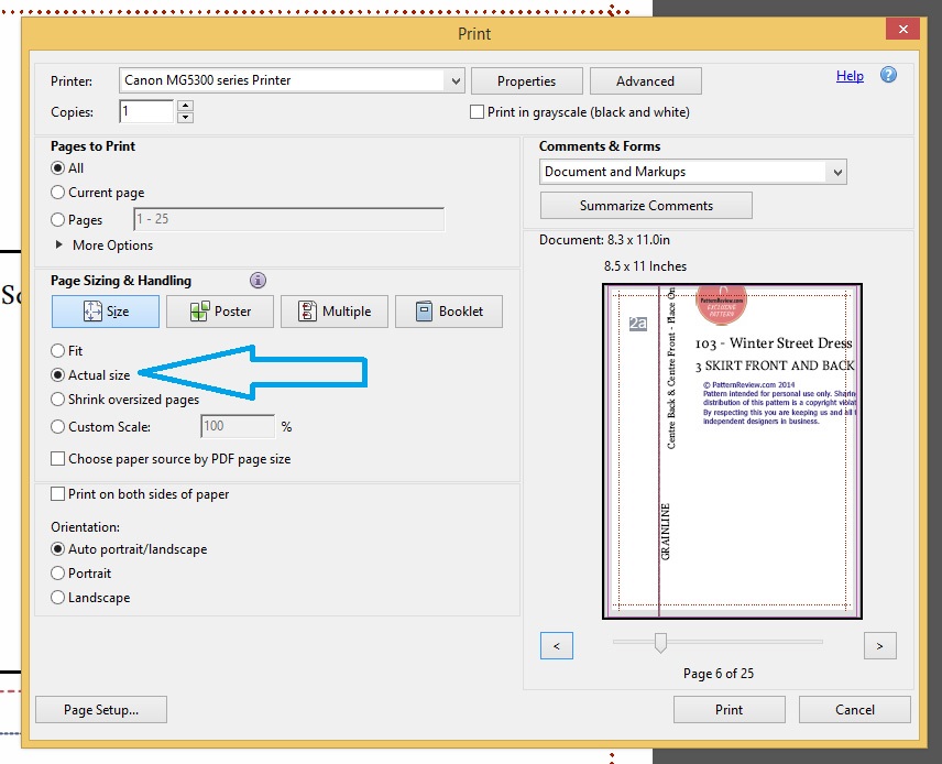 Most pdf patterns will have a page with a test square. You should ...